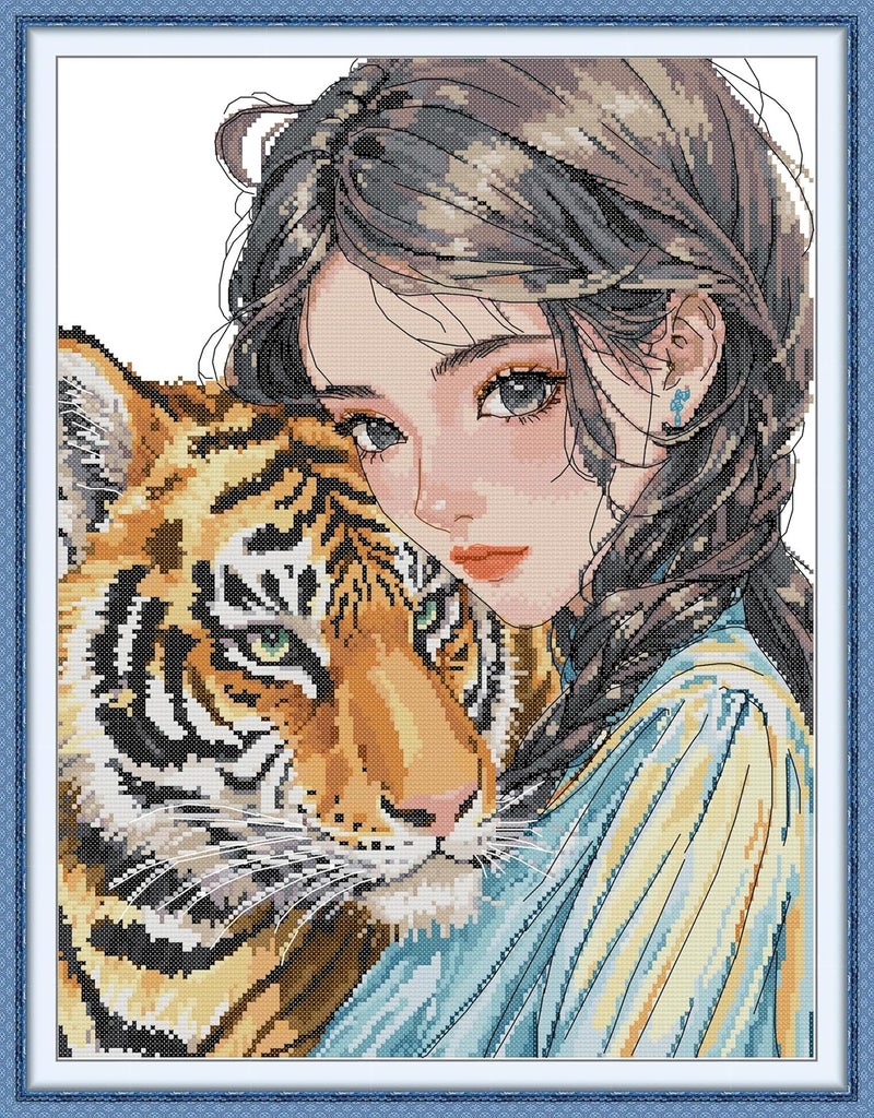 Threadhaven Cross-Stitch Kit 14CT Aida Counted Embroidery Complete Set with Fabric, Threads, Needles & Chart-Premium Beautiful Girls Design for Adults & Beginners- Girl with Tiger 14.5''×18.5'' - Image 1